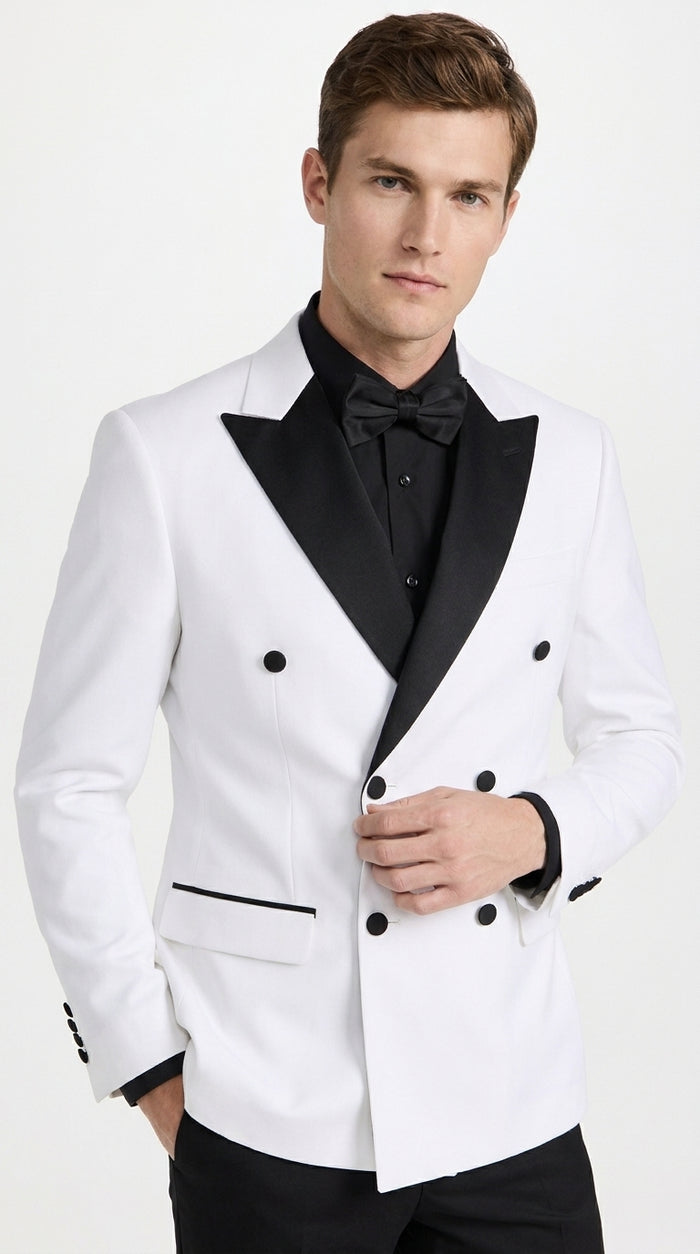 Men's White Double Breasted Tuxedo Dinner Jacket – Black Satin Peak Lapel Formal Wedding, Prom & Party Blazer