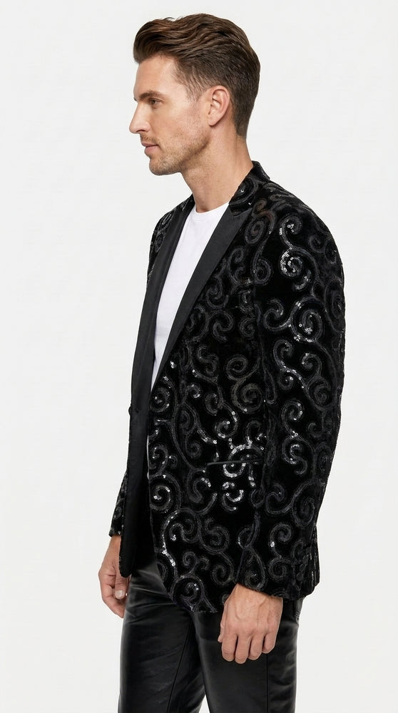 Men’s Black Velvet Sequin Swirl Dinner Jacket – Blazer Paisley Sparkly