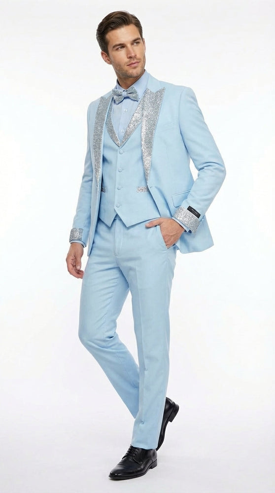 Men’s Light Blue Suit with Silver Glitter Lapel – Light Blue Formal Tuxedo Suit for Prom, Wedding and Special Occasion Wear in Sky Baby Blue