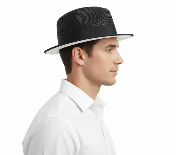 Men’s Two-Tone Black and White Fedora Hat with Feather Accent – Stylish Summer Dress Hat