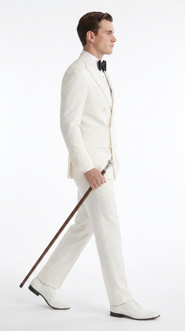 Men’s Ivory Double-Breasted Tuxedo – Vintage Wedding, Prom and Black-Tie Formal Suit off white cream