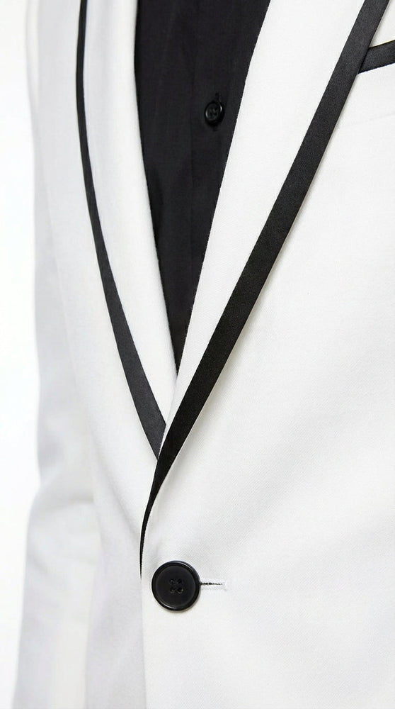 Men’s White Disco Blazer 70s Era Costume Jacket – Black Trim Retro Party Blazer, Vintage Dance Outfit, Stylish Evening Themed Wear