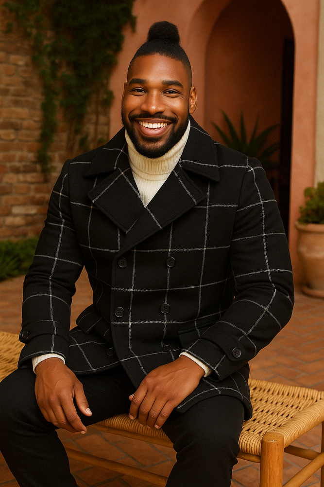 Black Plaid Overcoat - Topcoat With WindowPane Pattern Double Breasted Style