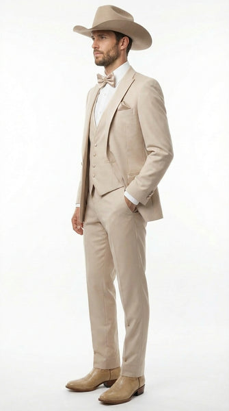 Mens Beige Tan Khaki CowboyTuxedo Suit – Western Formal Three Piece Suit with Jacket Vest and Pants