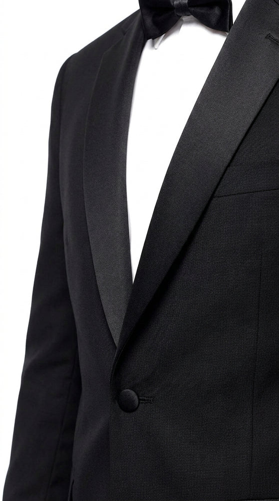 Men’s Black Uniform Tuxedo – One-Button Satin Lapel Formal Suit for Weddings, Prom and Events