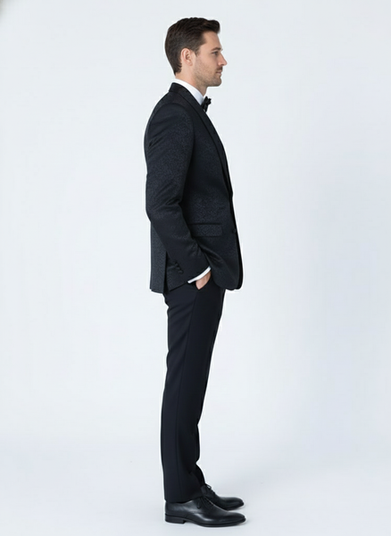 Men’s Black Textured Paisley floral Tuxedo Suit – Premium Slim Fit Formal Wedding, Prom, with Bowtie