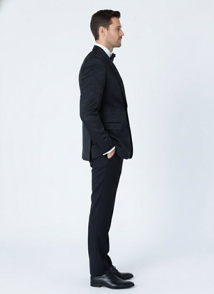 Men’s Black Textured Paisley floral Tuxedo Suit – Premium Slim Fit Formal Wedding, Prom, with Bowtie