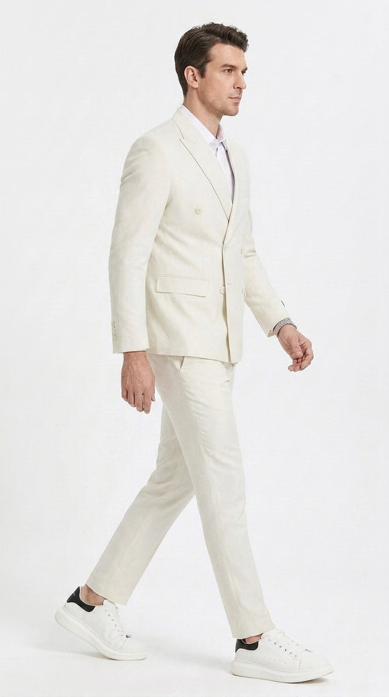 Men’s Ivory Cream Double-Breasted Linen Suit – Off-White Summer Wedding Slim Fitted 2-Piece Suit Cream Color