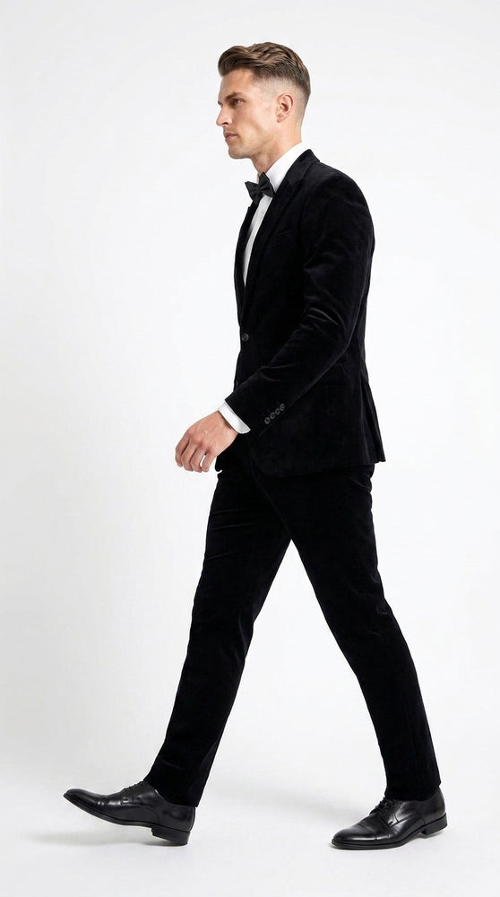 Men’s Black Velvet 2-Piece Suit – Notch Lapel Wedding, Prom and Formal Evening Suit