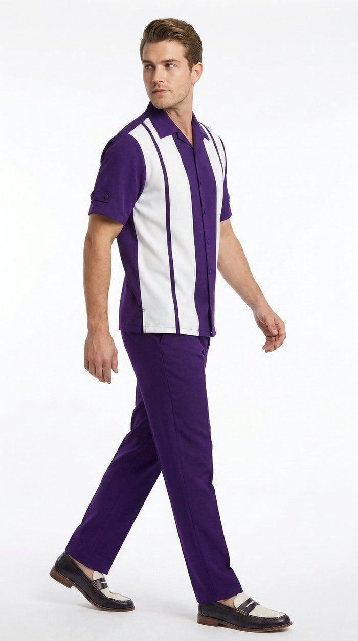 Men’s Purple and White Walking Suit – 2-Piece Short Sleeve Casual Leisure Outfit