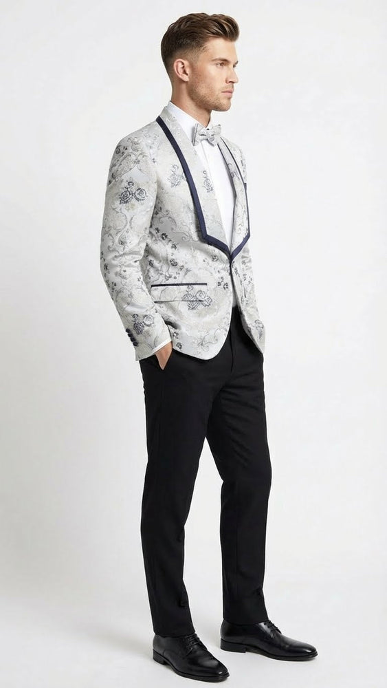 Men’s White and Navy Blue Lapel  Floral Jacquard Blazer with Contrast Shawl Lapel – Luxury Wedding and Party Wear Jacket paisley Tuxedo Navy Pants