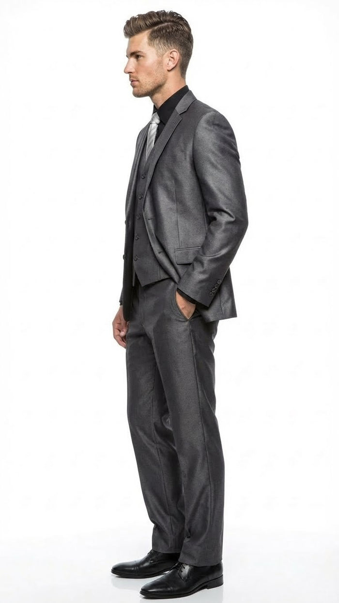 Mens Charcoal Gray Suit With Sheen -  | Shiny Texture Fabric Three Piece Wedding and Party Business
