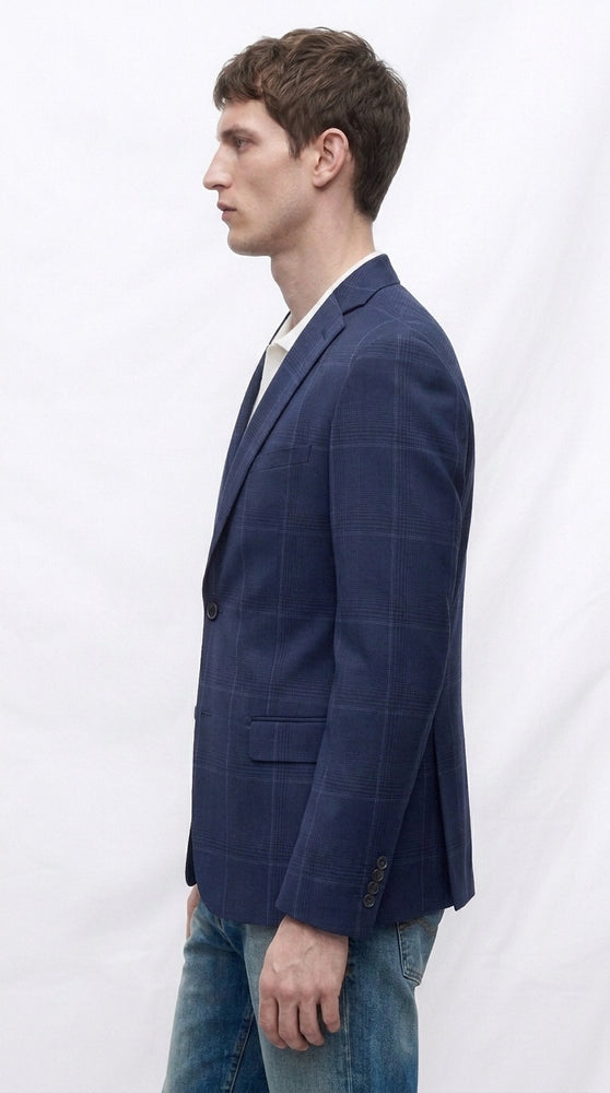 Men’s Navy Blue Plaid Wool Blazer – English Style Textured Wool Winter Sport Coat  Windowpane pattern