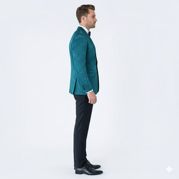 Mens Teal Blue Paisley Tuxedo Jacket – Elegant Shawl Lapel Dinner Blazer for Weddings, Prom and Formal Events - Greenish Blue