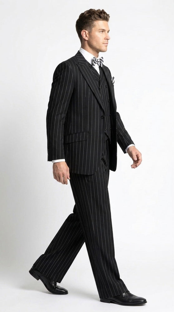 Men’s Black Pinstripe 3-Piece Suit Wool Suit  – Classic Fit Single Button Suit with Wide Leg Pleated Pants By Tiglio Russo