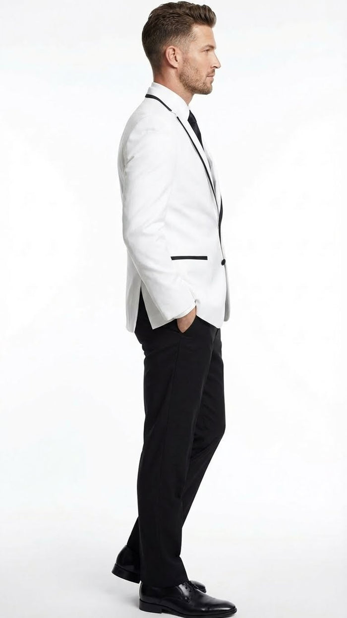 White With Black Skinny Fitted Slim Fit Cut Tuxedo Blazer