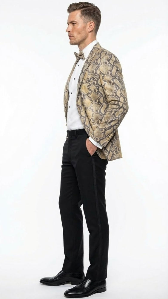 Men’s Beige and Black Snakeskin Print Blazer – Alligator Crocodile Exotic Sking Sport Coat Jacket in Tan Camel Color
