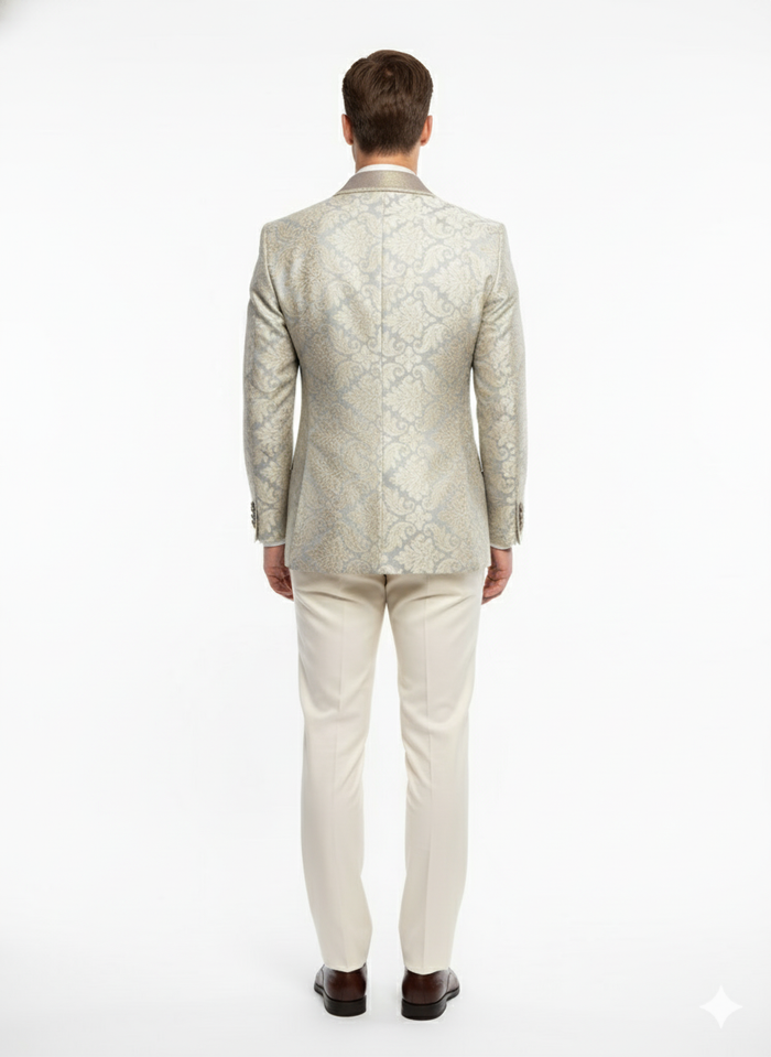 Men’s Champaign Silver and Cream Embroidered Luxury Blazer – Floral Pattern Wedding & Party Dinner Jacket in Light Tan Color
