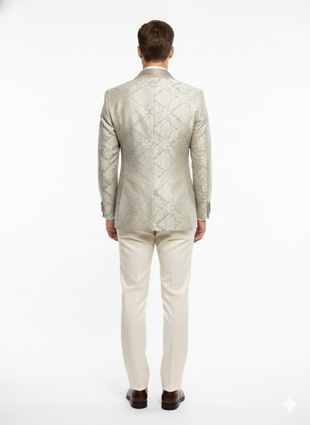 Men’s Champaign Silver and Cream Embroidered Luxury Blazer – Floral Pattern Wedding & Party Dinner Jacket in Light Tan Color