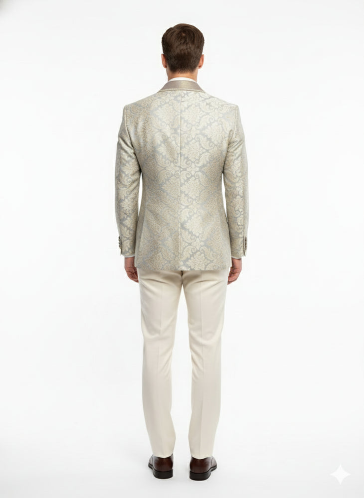 Men’s Champaign Silver and Cream Embroidered Luxury Blazer – Floral Pattern Wedding & Party Dinner Jacket in Light Tan Color