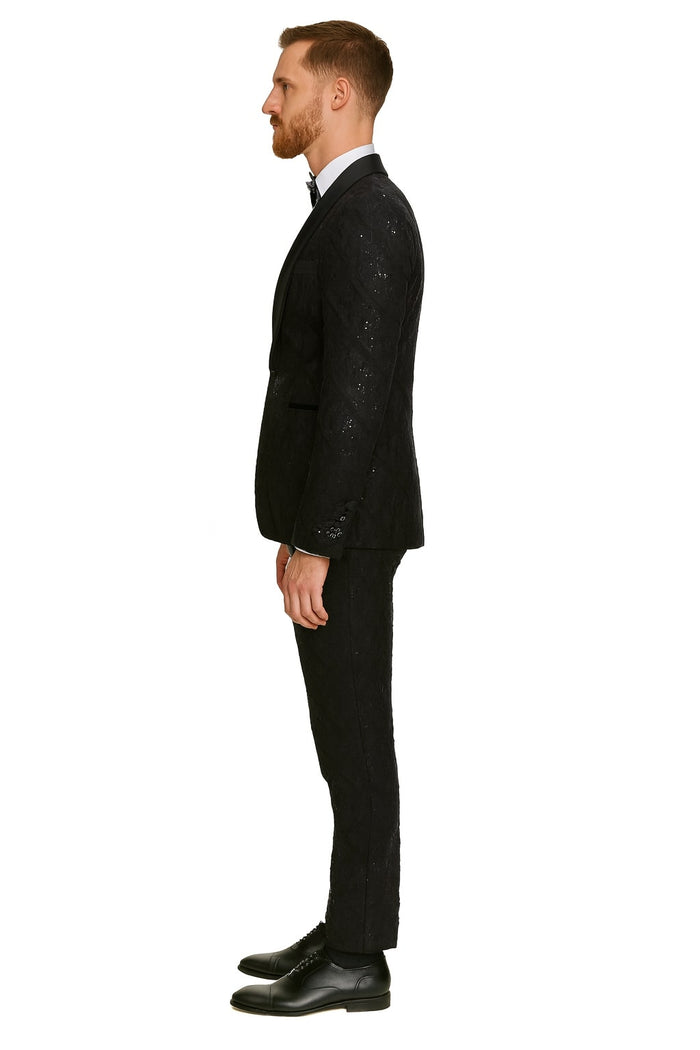 Black Sequin Tuxedo Suit with Satin Shawl Lapel – Mens Slim Fit Formal Prom and Wedding Attire
