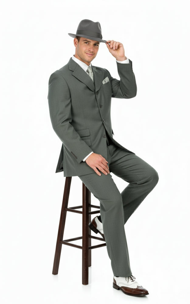 Men’s 1920s Gray Zoot Suit  – 4 Buttons  Gangster Wide Lapel Long Jacket 3-Piece Suit in Grey Color Classic Fit Pleated Pants