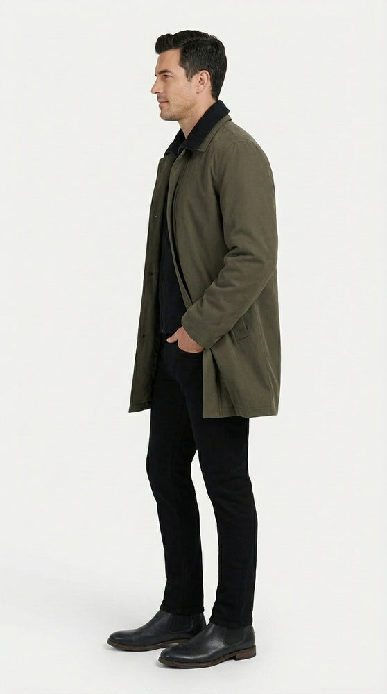 Mens Olive Brown Trench Coat Raincoat – Classic Water Resistant Long Coat with Zip and Button Closure for Business, Travel and Everyday Outerwear