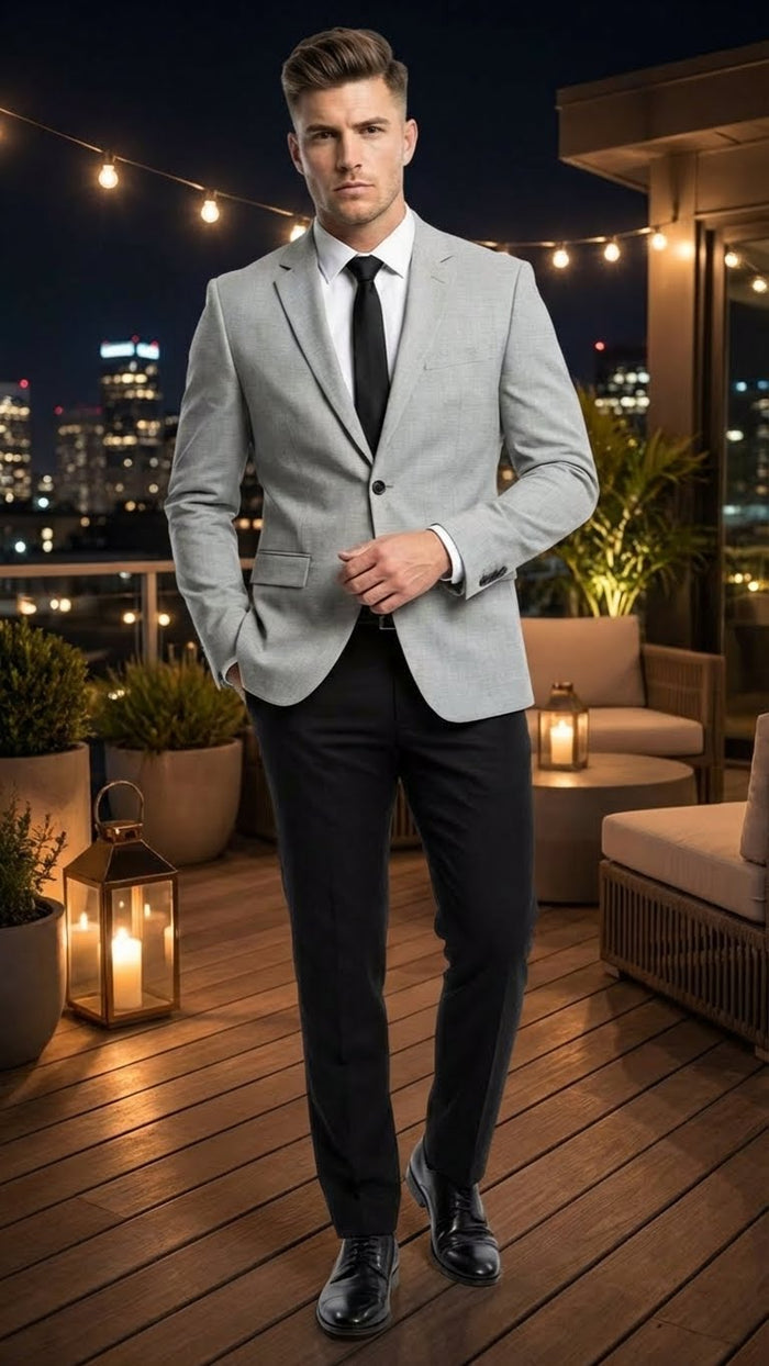 Men’s Light Grey Slim Fit Blazer Sport Coat with Black Pants | Premium Formal and Smart Casual Outfit