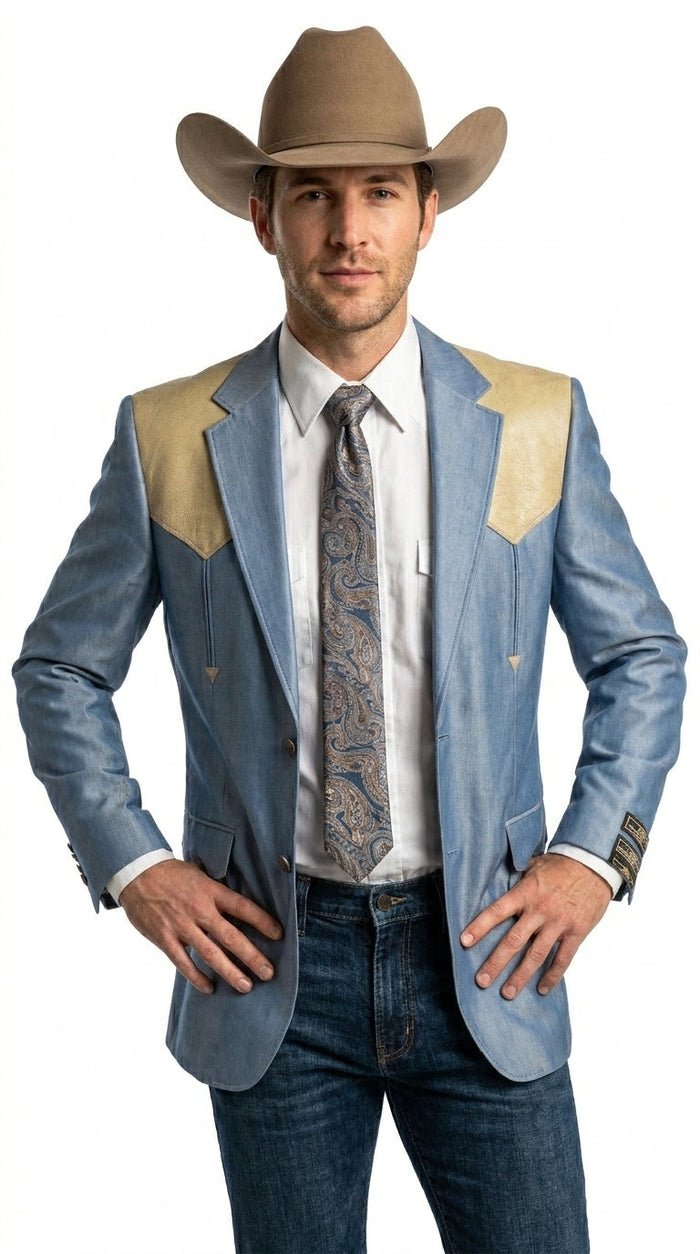 Men’s Steel - Light Blue and Off White Cream Color Western Cowboy Blazer – Shiny Country Style Dress Jacket for Rodeo Saco De Hombre Vaquero