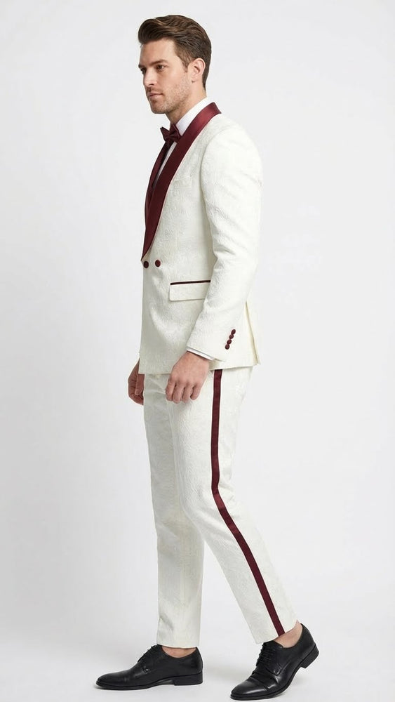 Men’s Ivory and Burgundy Jacquard Tuxedo Suit – Luxury Slim Fit 3-Piece Formal Wedding, Prom, and Gala Outfit in Cream Off White Color