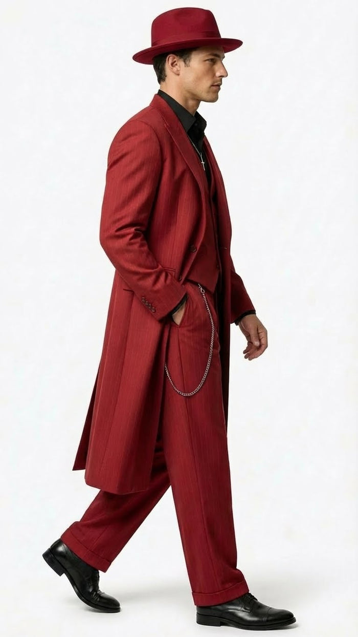 Men’s 1920s Burgundy Zoot Suit – Long Mafia Gangster Three-Piece Vintage Outfit Zuit Pachuco Style