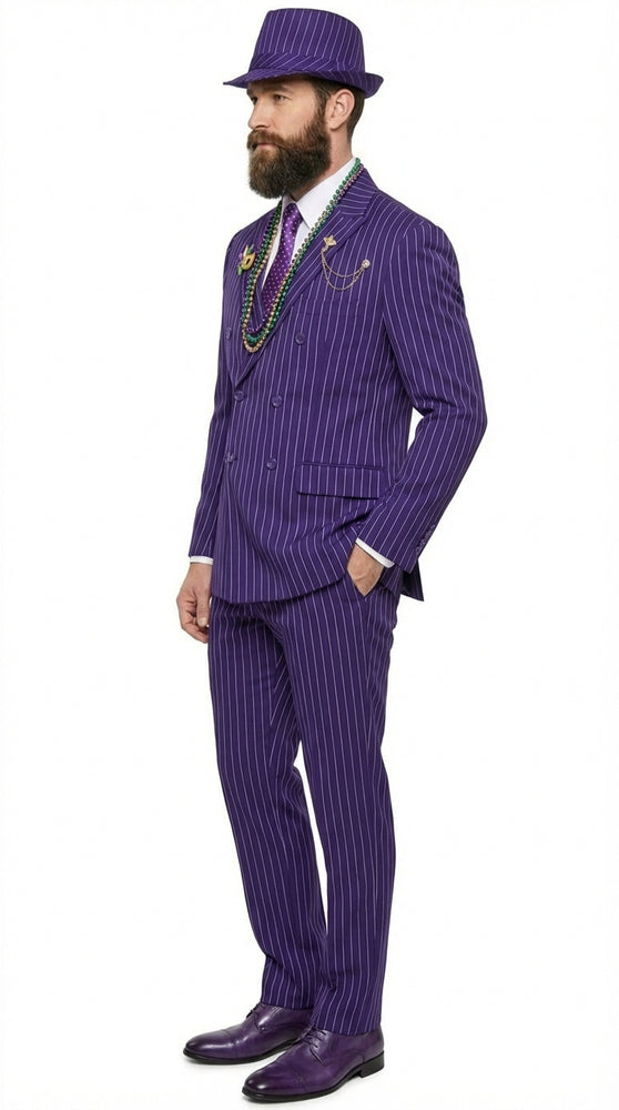 Men’s Purple Pinstripe Mardi Gras Suit | Classic Double Breasted Formal Carnival Suit