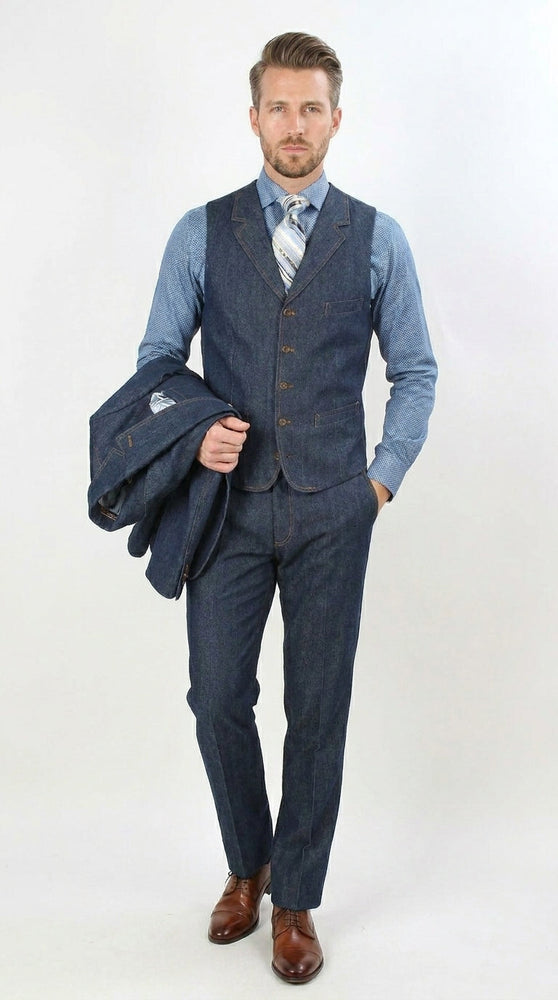 Men’s Pleated Pants Dark Blue Denim 3 Piece Suit – 100% Cotton Formal Suit Set, Blazer Vest Pants Outfit Classic Fit Athletic Fit Lose Fit
