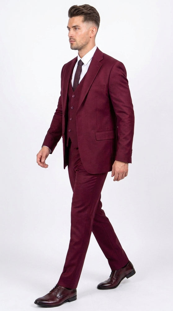 Men’s Stacy Adams Brand Burgundy 3 Piece Suit – Two Button Vested Style church wedding Modern Fit Suit