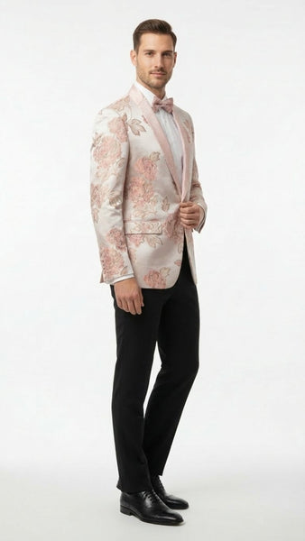 Men’s Pink Blush Floral Jacquard Blazer with Embellished Shawl Lapel – Luxury Party and Wedding Wear Jacket