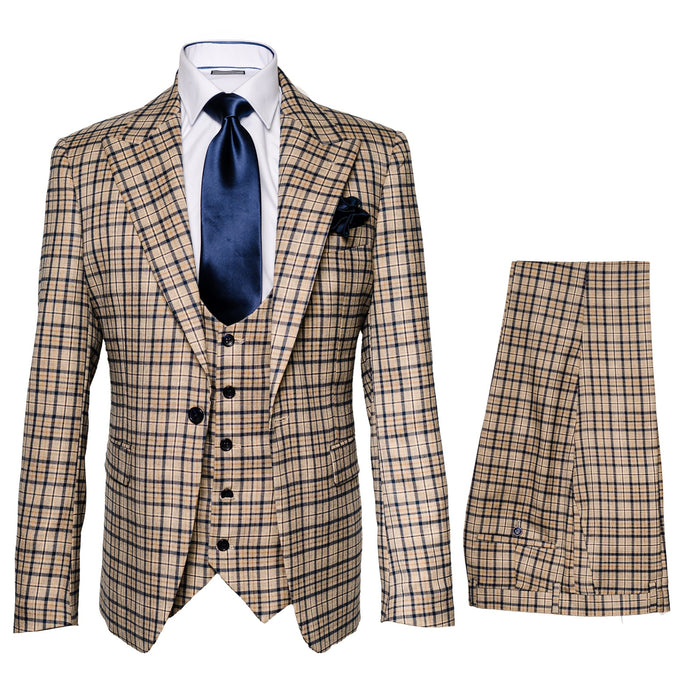 Mens Plaid Windowpane Business Suit Modern Fit Texturer Checker Peak Lapel By Rossiman in Color "Tan"