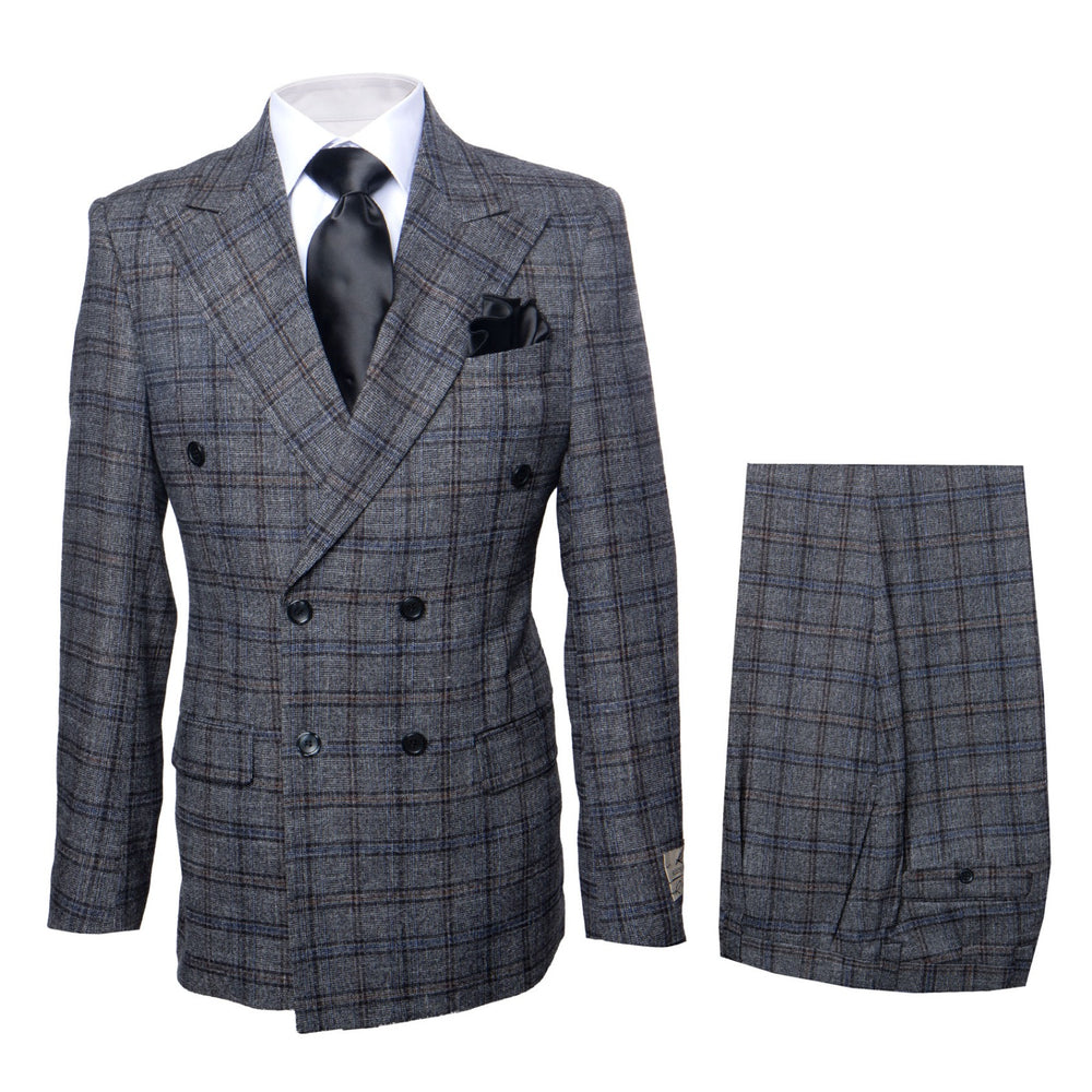 Mens Plaid Windowpane Business Suit Modern Fit Texturer Checker Peak Lapel By Rossiman in Color "Dark Grey"