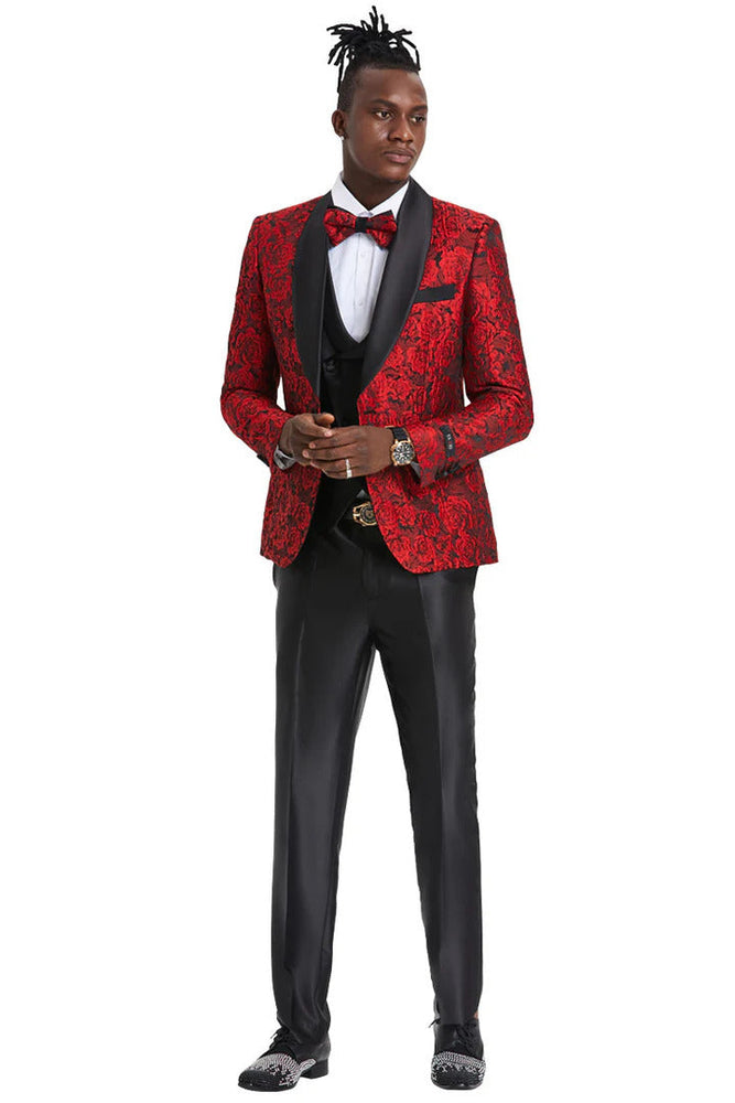 Men's One Button Slim Fit Shiny Paisely Floral Vested  Prom 2025 Tuxedo In Red