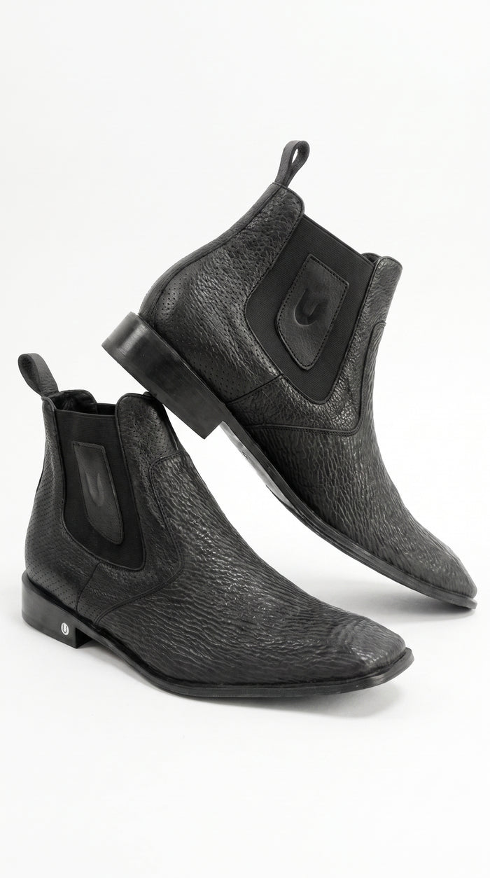 Men’s Shark Skin Cowboy Boots – Black Exotic Leather Western Chelsea Ankle Boots by Vestigium