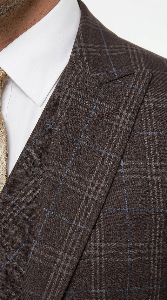 Men’s Vitali 3PC Suit – Choclate Brown and blue Plaid Check 3-Piece Suit with Double-Breasted Vest Modern Fit Side Vented