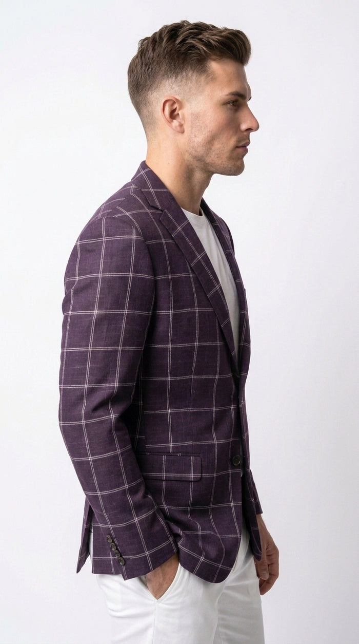 Men's Purple Windowpane Sport Coat – Classic Fit Plaid Blazer Jacket for Business, Wedding & Casual Wear