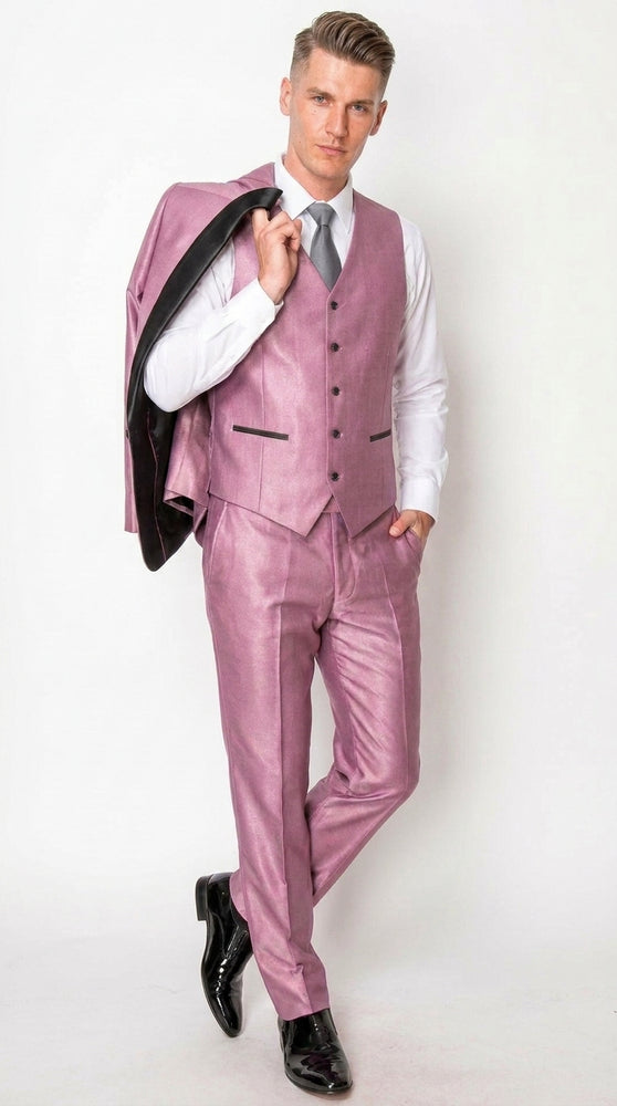 Men’s Shiny Mauve Pink 3 Piece Tuxedo – Wedding & Prom Suit with Black Shawl Lapel