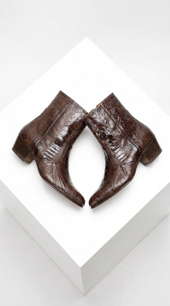 Men’s Brown Cuban Heel Boots – Exotic Ostrich Leg & Ostrich Quill Pointed Toe Dress Boots By Los Altos