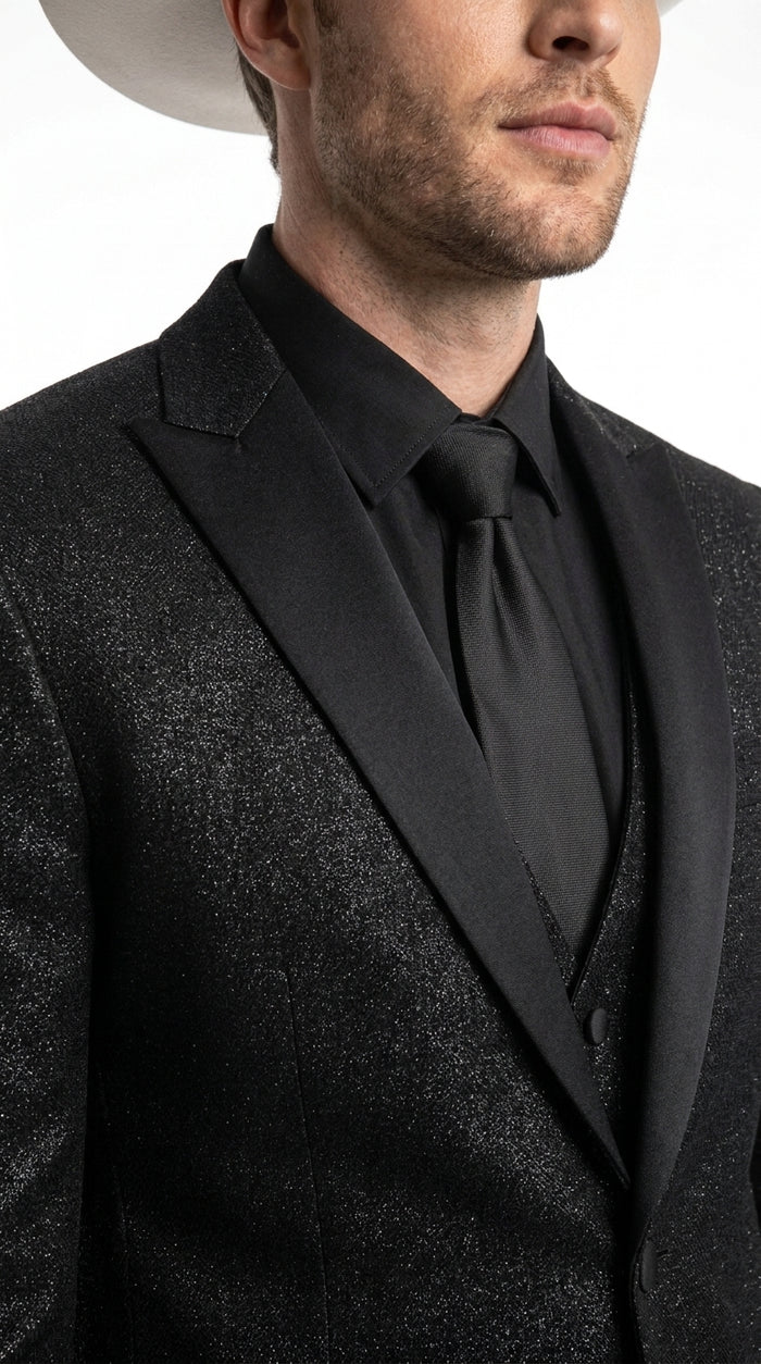 Men’s Black Western Tuxedo Blazer – Shimmer Cowboy Dinner Jacket Shiny Sparkely