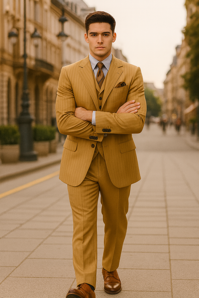 "Gold Men's Fashion Suit - 4 Button, Semi Wide Leg, Shiny Tonal Stripe"