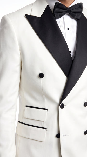 Men’s Vintage Hollywood Ivory Double-Breasted Tuxedo – Black Peak Lapel Wedding and Formal Suit