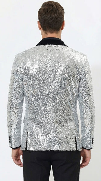 Men’s Silver Sequin Blazer Disco Style Jacket – Black Lapel Party Blazer, Shiny Evening Wear, 70s Dance Outfit, Formal Event Jacket