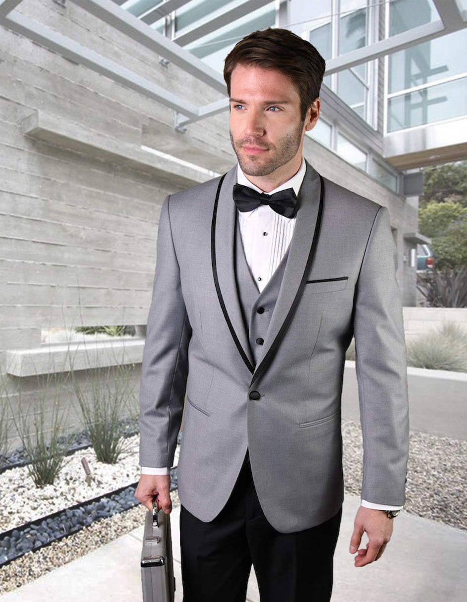 Mens Vested Wool Tuxedo in Shawl Lapel with Satin Trim in Ivory & Black main image 1