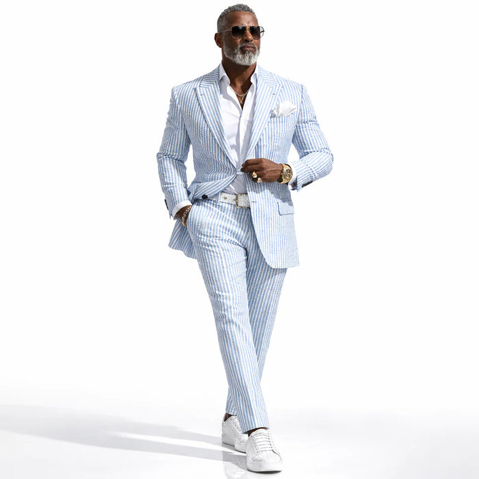 Mens Premium Cotton Seersucker Stripe Suit – Light Blue