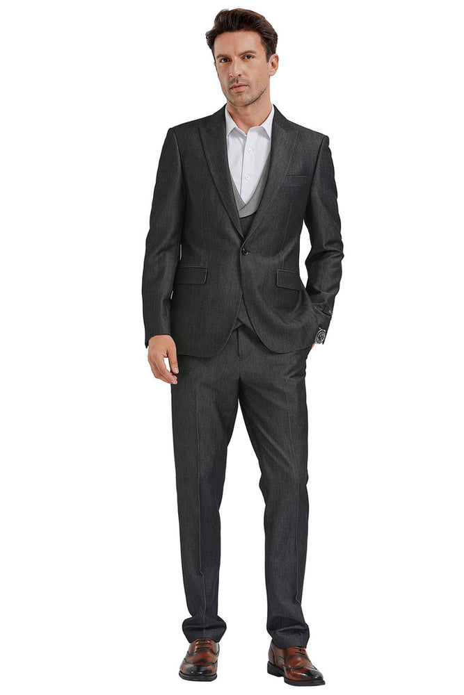 Men's Black Sharkskin Peak Lapel Vest Suit